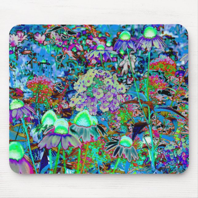 Psychedelic Purple and Lime Green Garden Flowers Mouse Pad (Front)