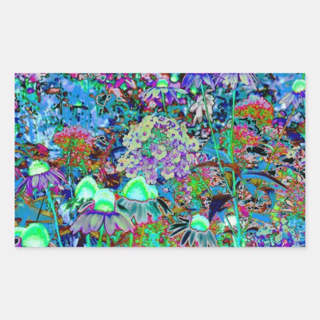 Psychedelic Purple and Lime Green Garden Flowers Rectangular Sticker (Front)