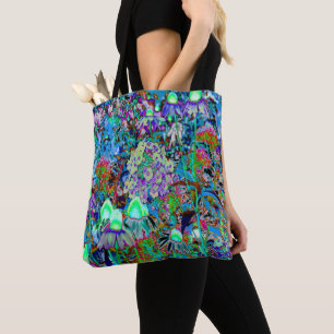 Psychedelic Purple and Lime Green Garden Flowers Tote Bag