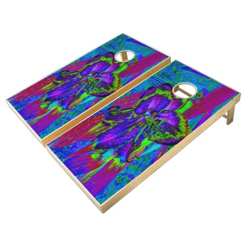 Psychedelic Purple and Lime Green Lily Flower Corn Cornhole Set