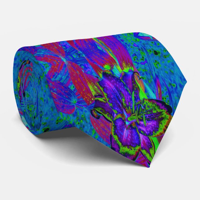 Psychedelic Purple and Lime Green Lily Flower Neck Tie (Rolled)