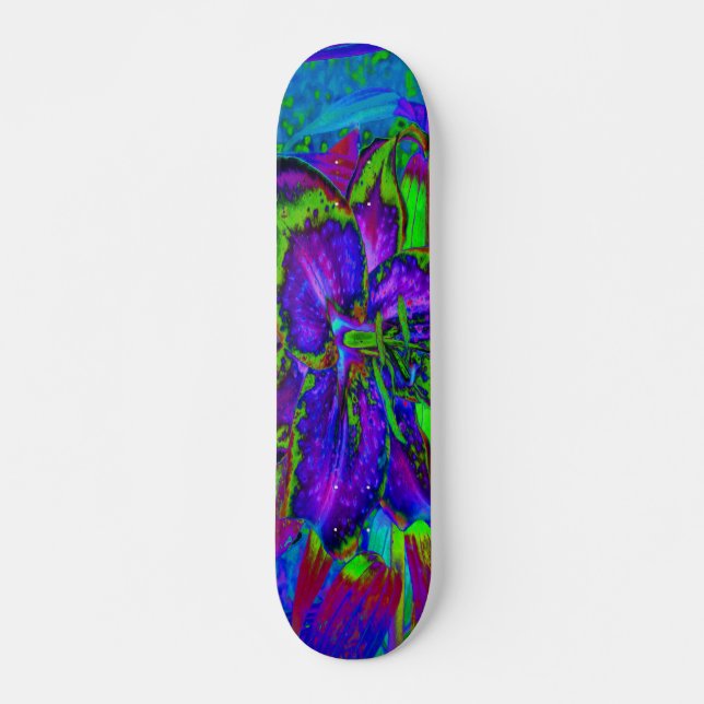 Psychedelic Purple and Lime Green Lily Flower Skateboard (Front)