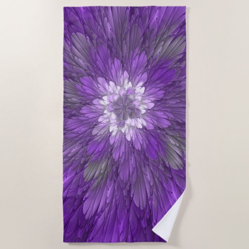 Psychedelic Purple Flower Abstract Fractal Art Beach Towel