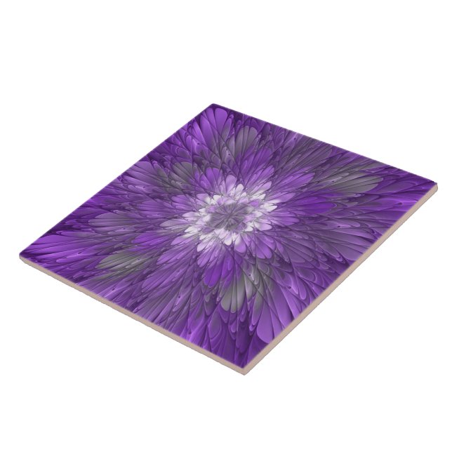 Psychedelic Purple Flower Abstract Fractal Art Ceramic Tile (Side)