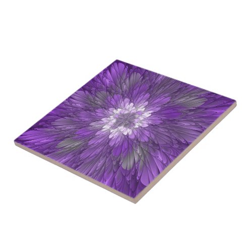 Psychedelic Purple Flower Abstract Fractal Art Ceramic Tile