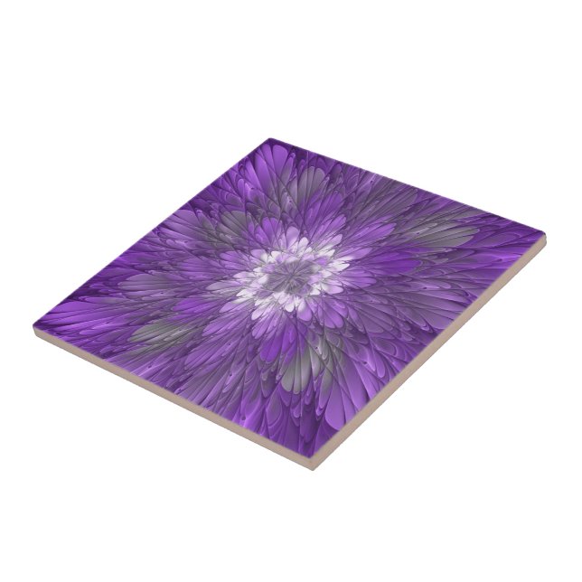 Psychedelic Purple Flower Abstract Fractal Art Ceramic Tile (Side)