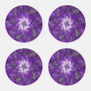 Psychedelic Purple Flower Abstract Fractal Art Coaster Set
