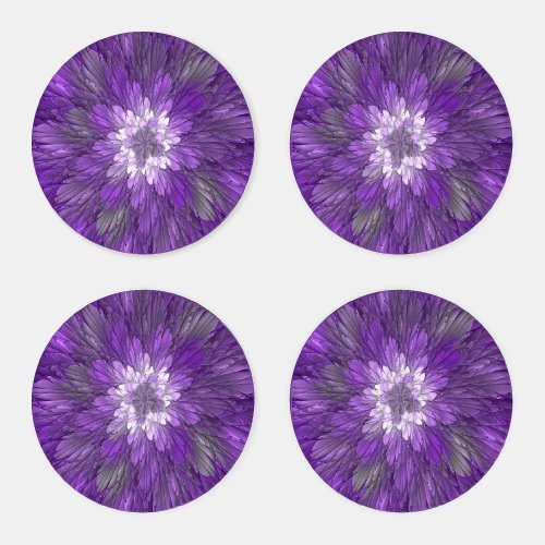 Psychedelic Purple Flower Abstract Fractal Art Coaster Set