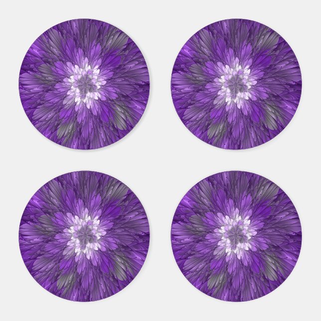 Psychedelic Purple Flower Abstract Fractal Art Coaster Set (Set)