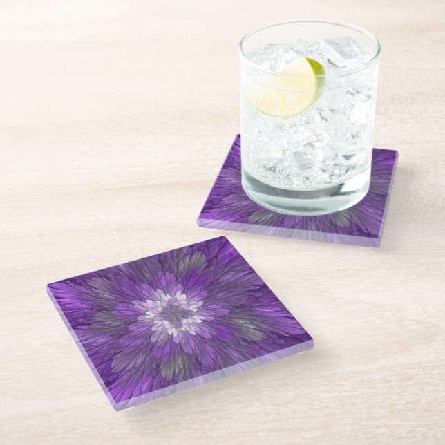 Psychedelic Purple Flower Abstract Fractal Art Glass Coaster (Angled)