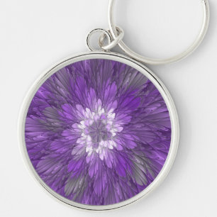 Psychedelic Purple Flower Abstract Fractal Art Keychain