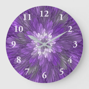 Psychedelic Purple Flower Abstract Fractal Art Large Clock