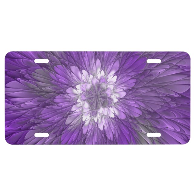 Psychedelic Purple Flower Abstract Fractal Art License Plate (Front)