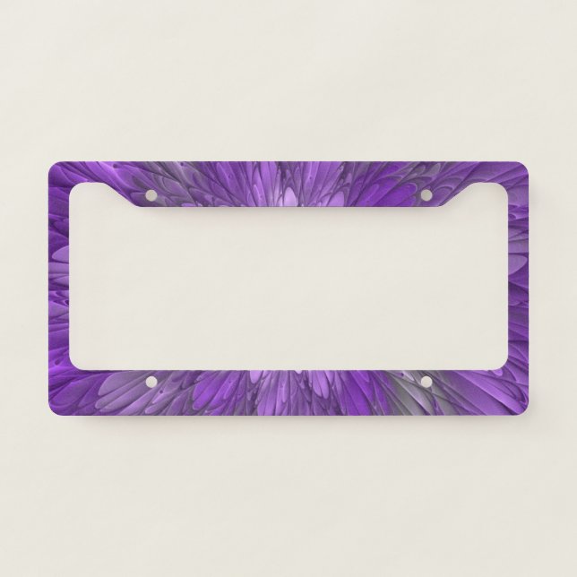 Psychedelic Purple Flower Abstract Fractal Art License Plate Frame (Front)