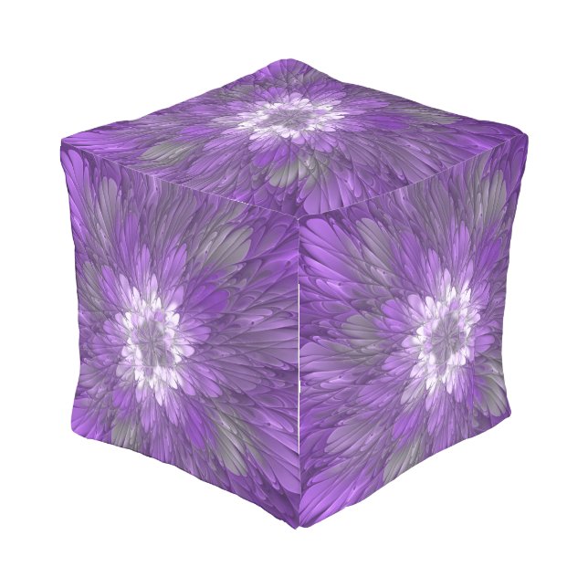 Psychedelic Purple Flower Abstract Fractal Art Outdoor Pouf (Angled Front)