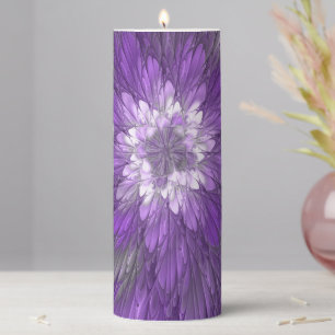 Psychedelic Purple Flower Abstract Fractal Art Pillar Candle
