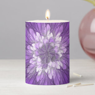 Psychedelic Purple Flower Abstract Fractal Art Pillar Candle