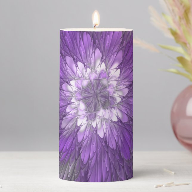 Psychedelic Purple Flower Abstract Fractal Art Pillar Candle (In Situ)