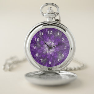 Psychedelic Purple Flower Abstract Fractal Art Pocket Watch