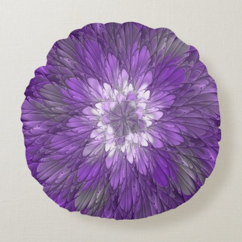 Psychedelic Purple Flower Abstract Fractal Art Round Pillow