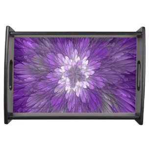 Psychedelic Purple Flower Abstract Fractal Art Serving Tray
