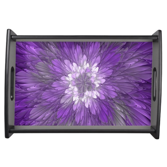 Psychedelic Purple Flower Abstract Fractal Art Serving Tray (Front)