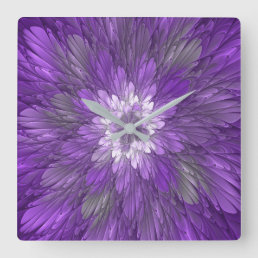 Psychedelic Purple Flower Abstract Fractal Art Square Wall Clock