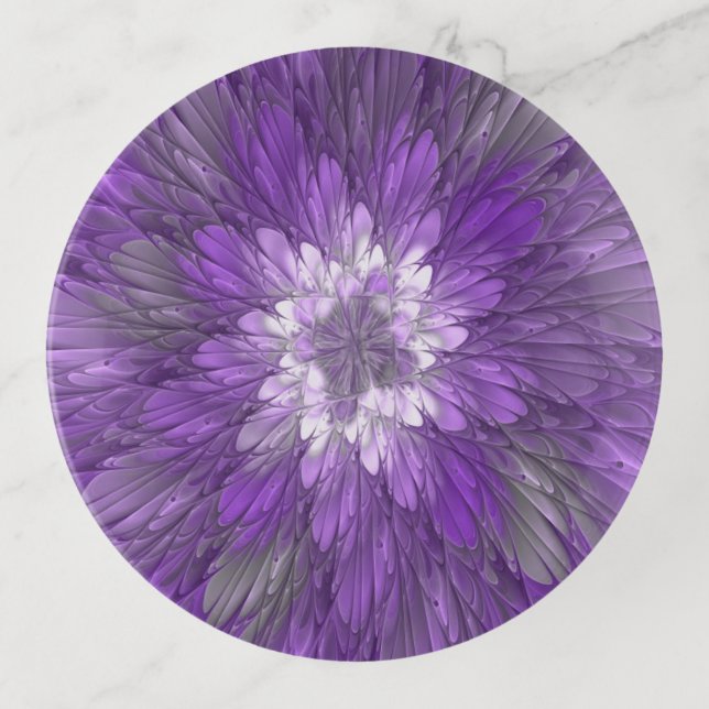 Psychedelic Purple Flower Abstract Fractal Art Trinket Tray (Front)