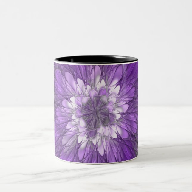 Psychedelic Purple Flower Abstract Fractal Art Two-Tone Coffee Mug (Center)