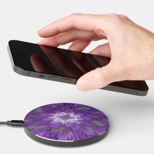 Psychedelic Purple Flower Abstract Fractal Art Wireless Charger (Hand)