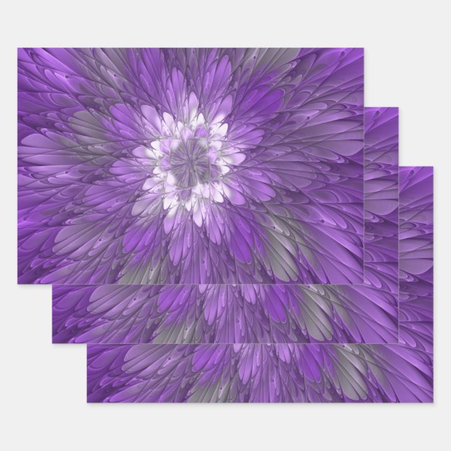 Psychedelic Purple Flower Abstract Fractal Art Wrapping Paper Sheets (Set)