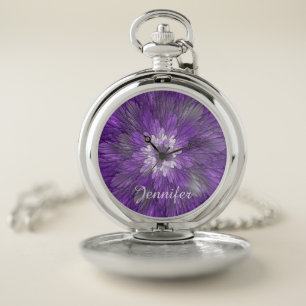 Psychedelic Purple Flower Abstract Fractal Name Pocket Watch