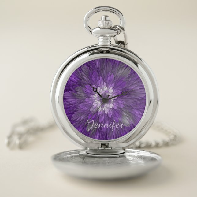 Psychedelic Purple Flower Abstract Fractal Name Pocket Watch (Inside)