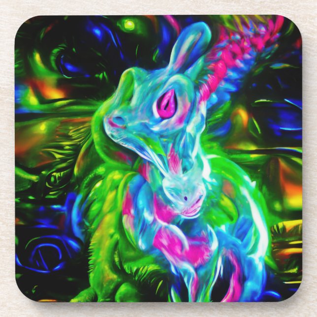 Psychedelic Rabbit Dragon in Neon Fantasy Beverage Coaster (Front)