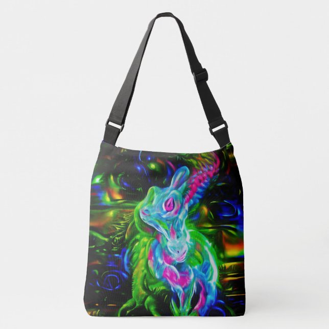 Psychedelic Rabbit Dragon in Neon Fantasy Crossbody Bag (Front)