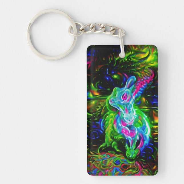 Psychedelic Rabbit Dragon in Neon Fantasy Keychain (Front)