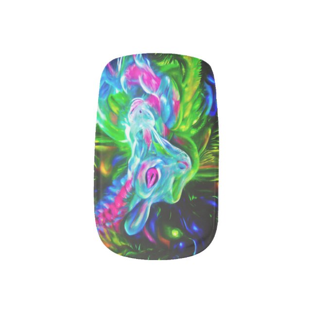 Psychedelic Rabbit Dragon in Neon Fantasy Minx Nail Art (Left Thumb)