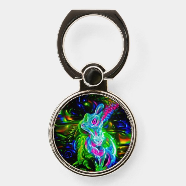 Psychedelic Rabbit Dragon in Neon Fantasy Phone Ring Stand (Front)