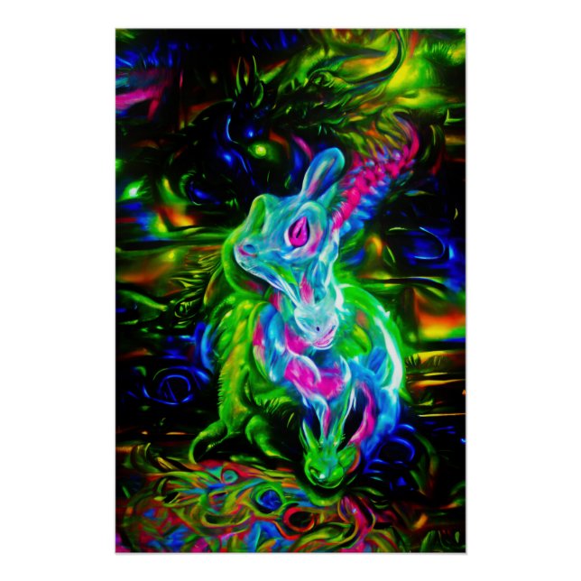 Psychedelic Rabbit Dragon in Neon Fantasy Poster (Front)