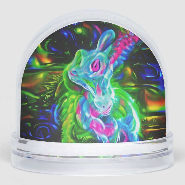 Psychedelic Rabbit Dragon in Neon Fantasy Snow Globe (Front)