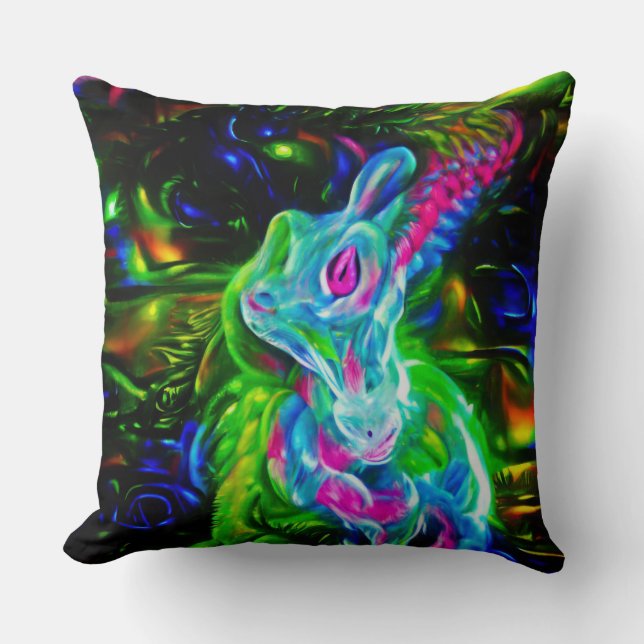 Psychedelic Rabbit Dragon in Neon Fantasy Throw Pillow (Front)