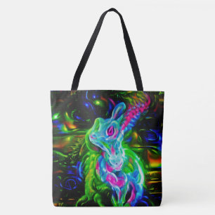 Psychedelic Rabbit Dragon in Neon Fantasy Tote Bag