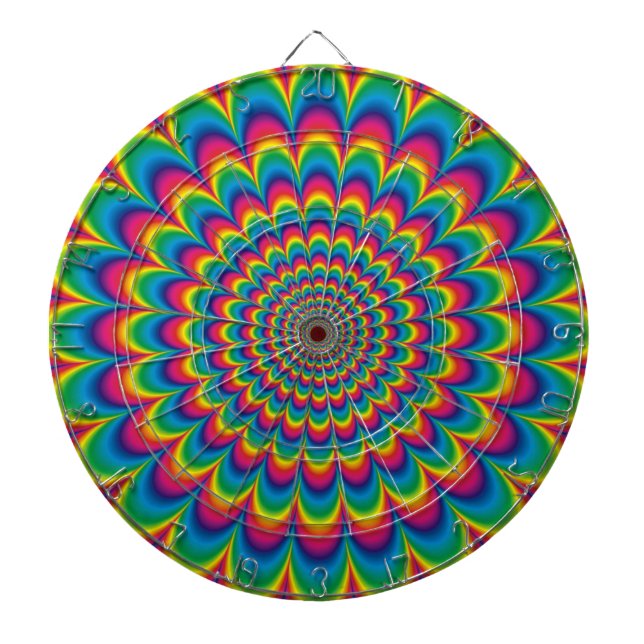 Psychedelic rainbow abstract design dartboard with darts (Front)