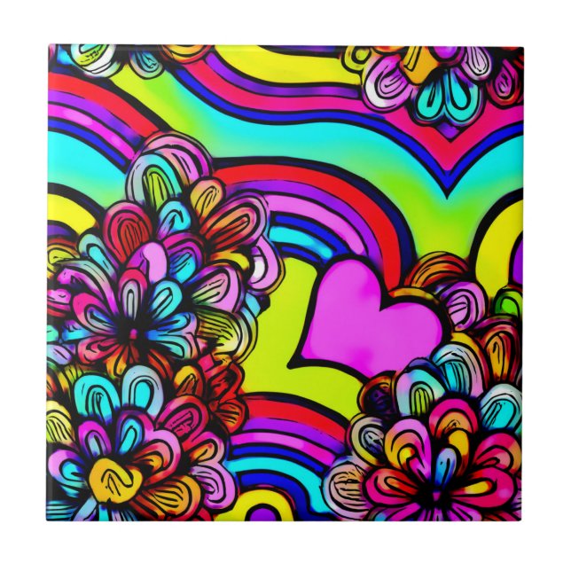 Psychedelic Rainbow Cartoon Flower Purple Heart Ceramic Tile (Front)