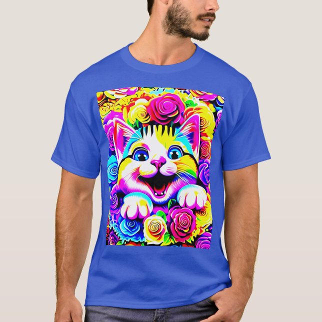 Psychedelic Rainbow Cat in a Blooming Garden of Ro T-Shirt (Front)