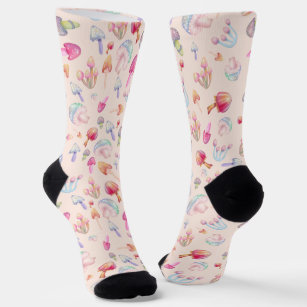 Psychedelic rainbow cute pastel mushrooms pink socks