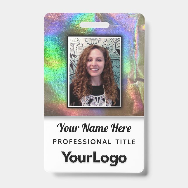 Psychedelic Rainbow Faux Holographic Photo Name  Badge (Front)