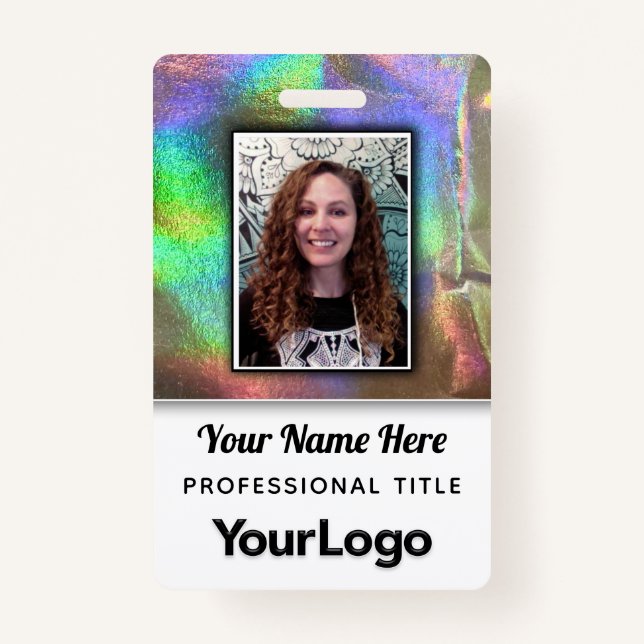 Psychedelic Rainbow Faux Holographic Photo Name  Badge (Front)