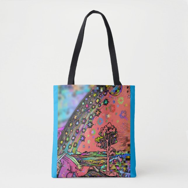 Psychedelic Rainbow Forest and Stars Tote Bag (Front)
