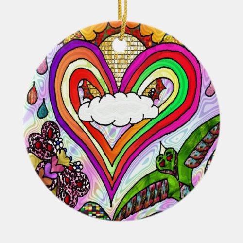 Psychedelic Rainbow Heart Art Print Ceramic Ornament